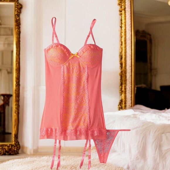 Just Sexy Padded Cup Babydoll And Thong Lace Center Contrast Coral/Orange New 2X - Picture 1 of 7